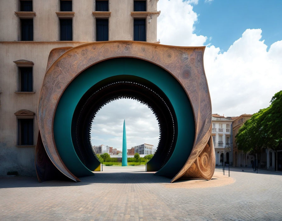 Ornate circular sculpture in urban plaza frames sky view