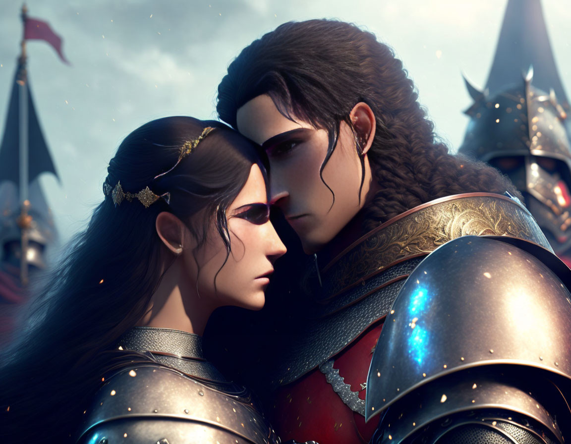 Male and female animated characters in medieval armor share tender moment on battlefield