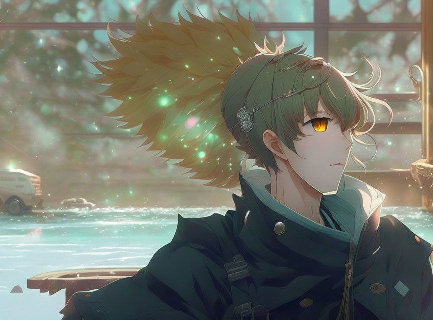 Anime-style character with spiky brown hair in green jacket and headband, surrounded by glowing snow