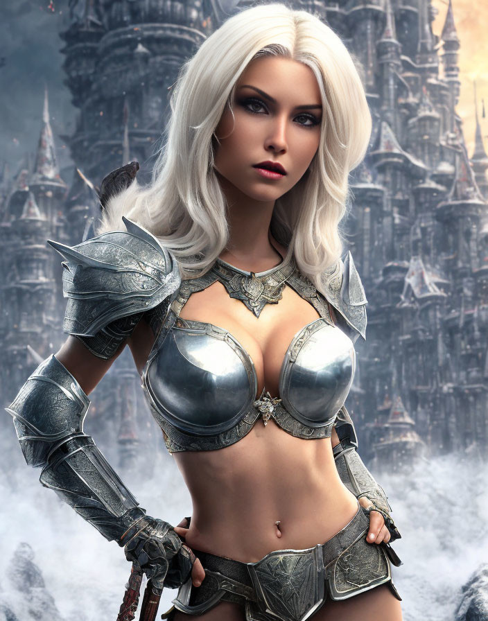 Digital artwork of woman with white hair in silver fantasy armor and sword against mystical castle backdrop
