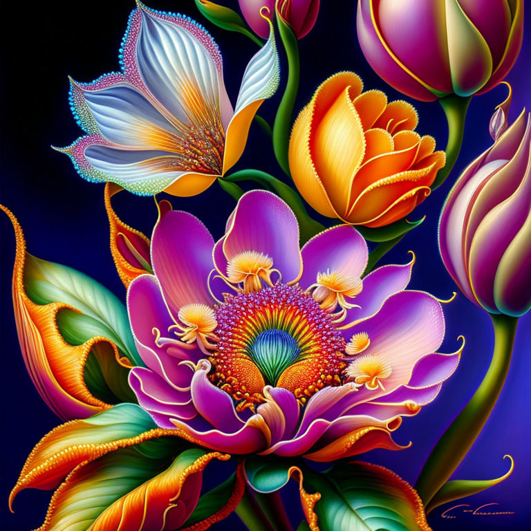 Colorful Stylized Flowers Digital Painting with Glowing Edges