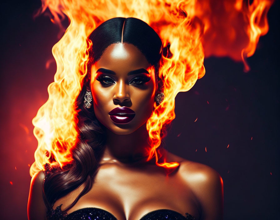 Woman with glossy makeup and flowing hair engulfed in flames against dark backdrop
