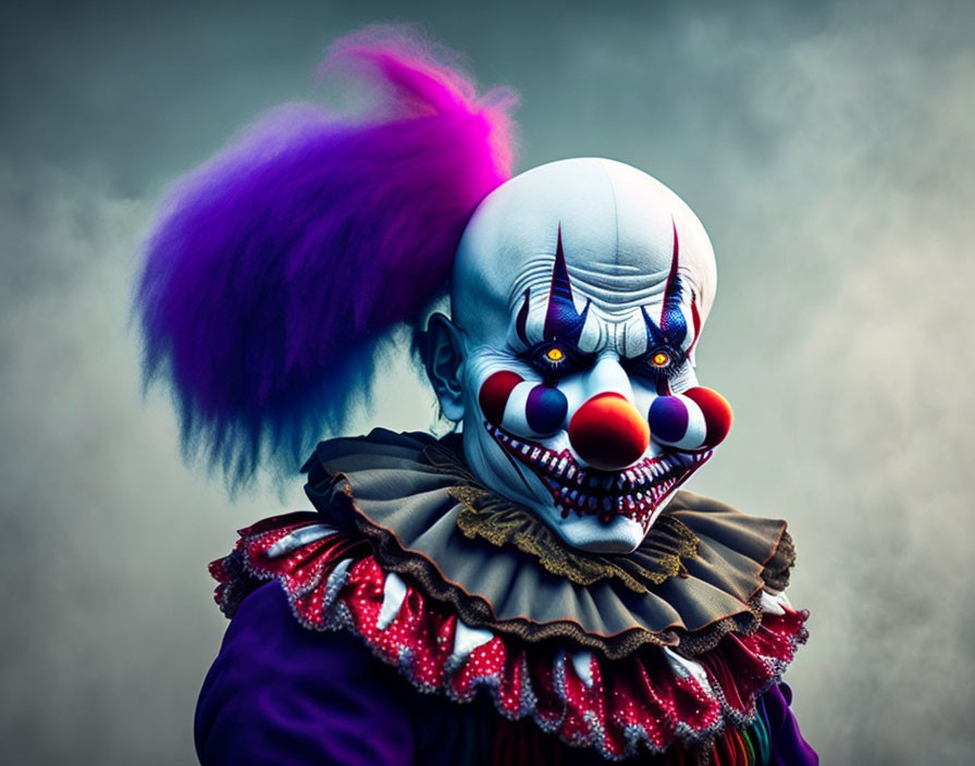 Sinister Clown with Purple Hair, Sharp Teeth, and Blue Eyes