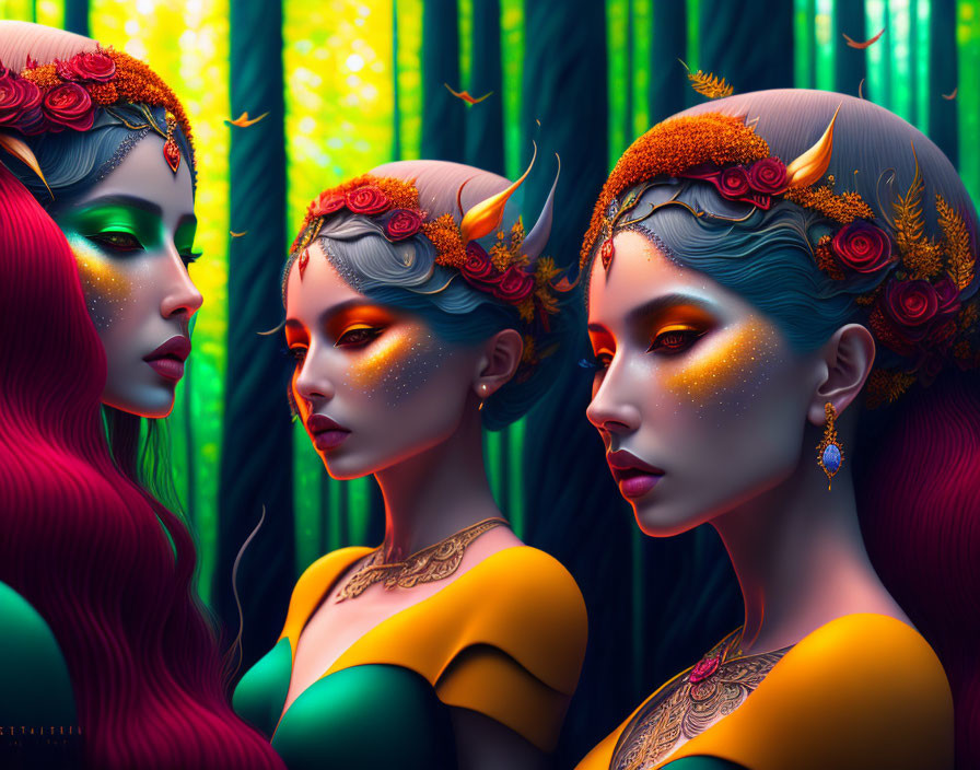 Fantasy women with colorful hair and ornate headpieces in mystical forest.