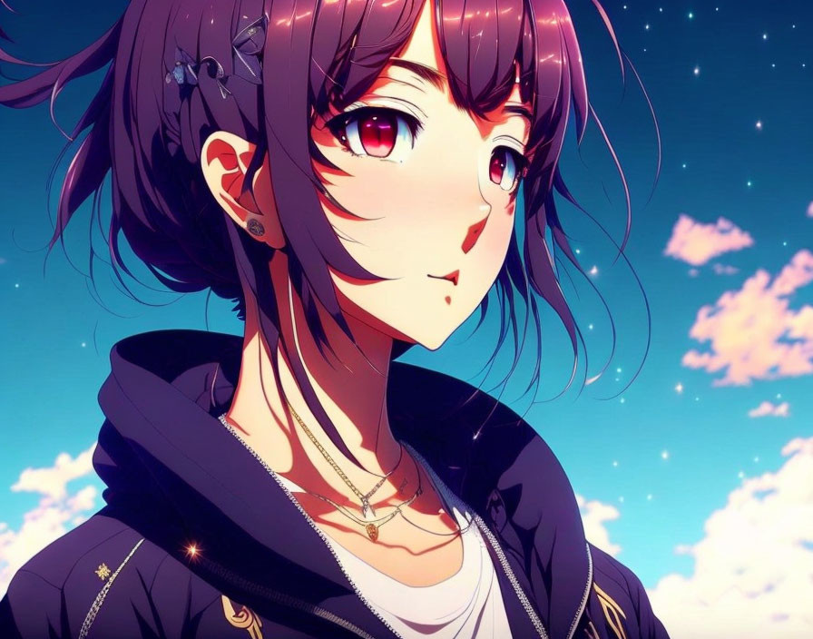 Purple-Haired Anime Girl with Red Eyes in Twilight Sky