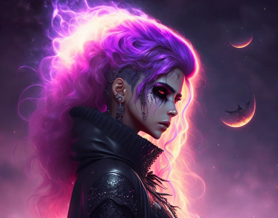 Digital artwork: Woman with purple hair and celestial face paint in cosmic setting