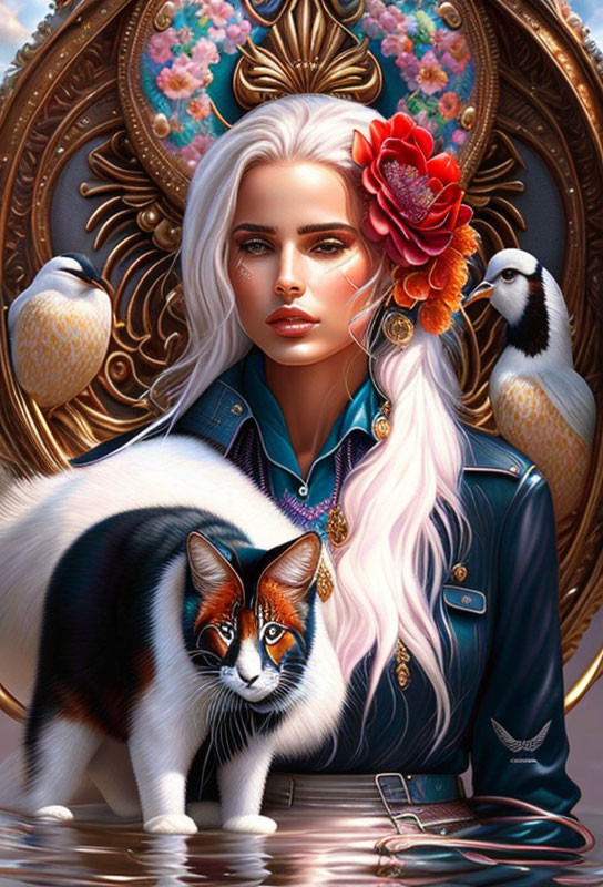 Digital artwork of woman with white hair, red flower, tri-color cat, and bird.