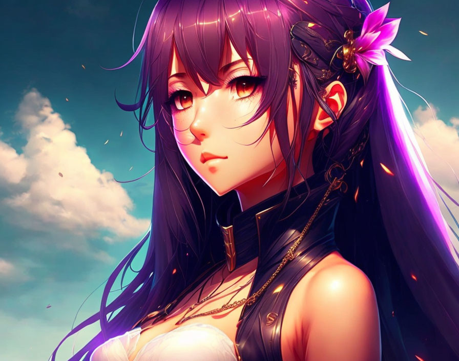 Illustrated female character with long purple hair, gold accessory, and red eyes in sky with fluffy clouds