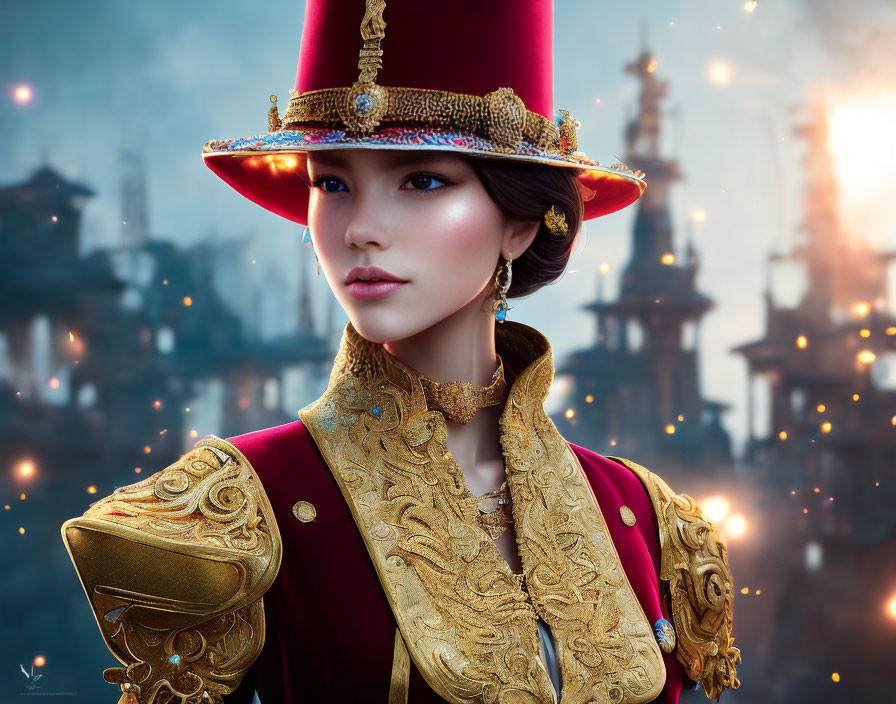 Elaborate red and gold costume woman in mystical cityscape portrait