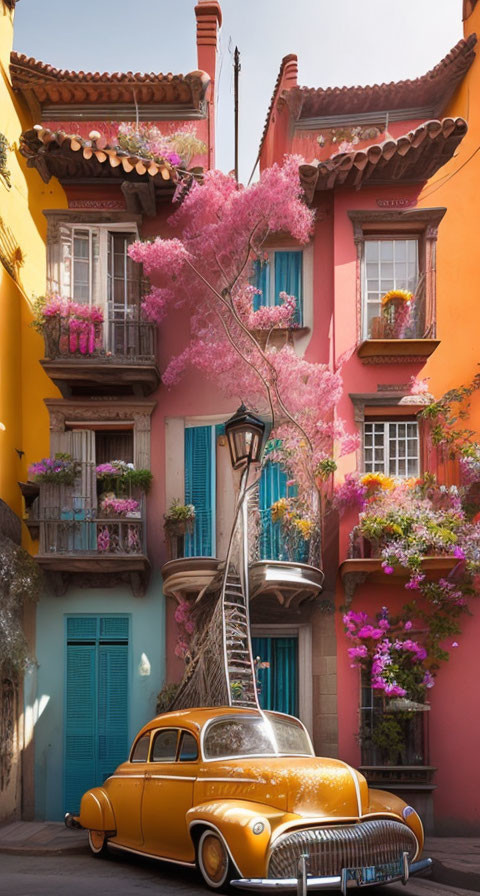 Colorful Street Scene with Vintage Car and Pink Flowering Trees