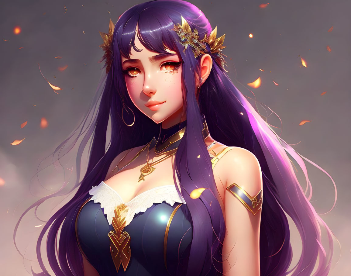 Illustration: Woman with Long Purple Hair, Gold Accessories, Corset, Autumnal Background