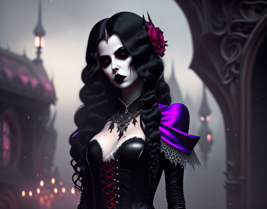 Gothic female figure with dark makeup and black corset poses with red rose