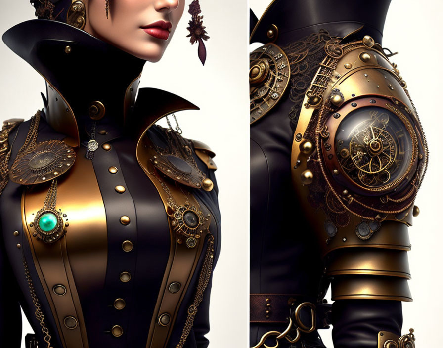 Intricate steampunk armor with glowing turquoise centerpiece