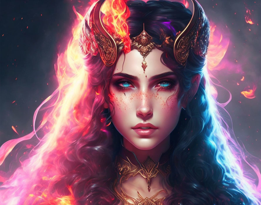 Digital Artwork: Mystical Woman with Horns and Fiery Aura