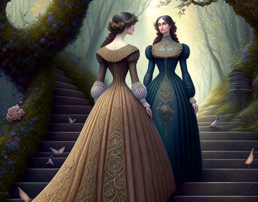 Victorian women in elaborate gowns by mystical forest staircase