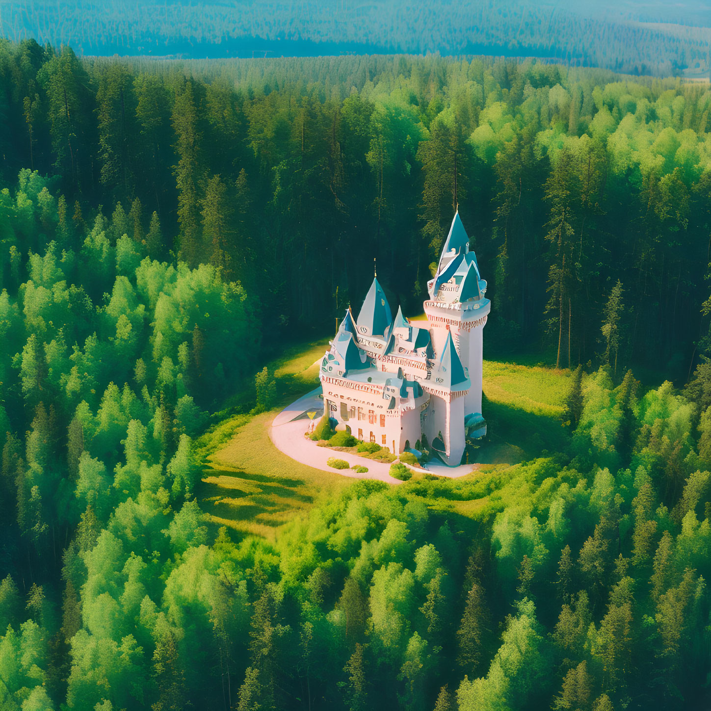 Castle with Blue Roofs in Forest Clearing under Sunlight