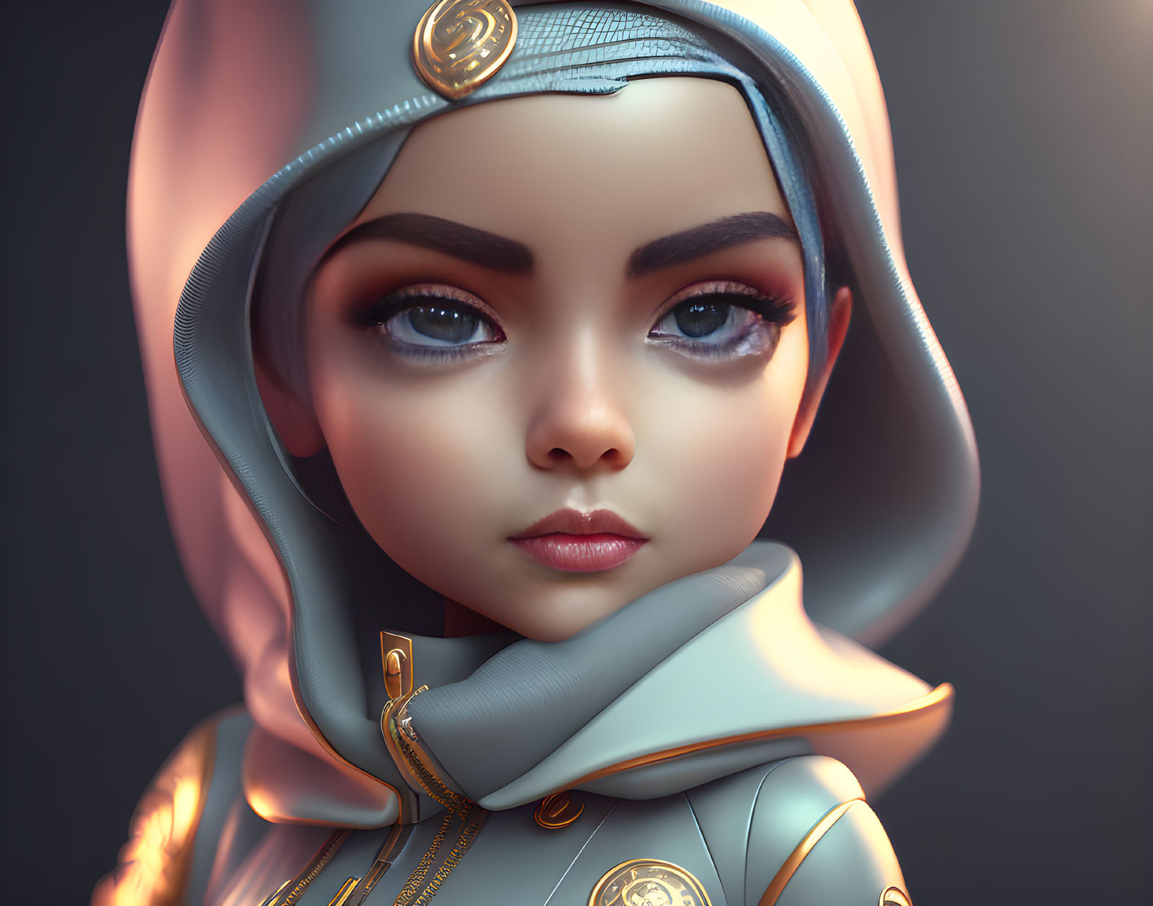 Digital portrait of female character in futuristic hooded outfit with gold accents