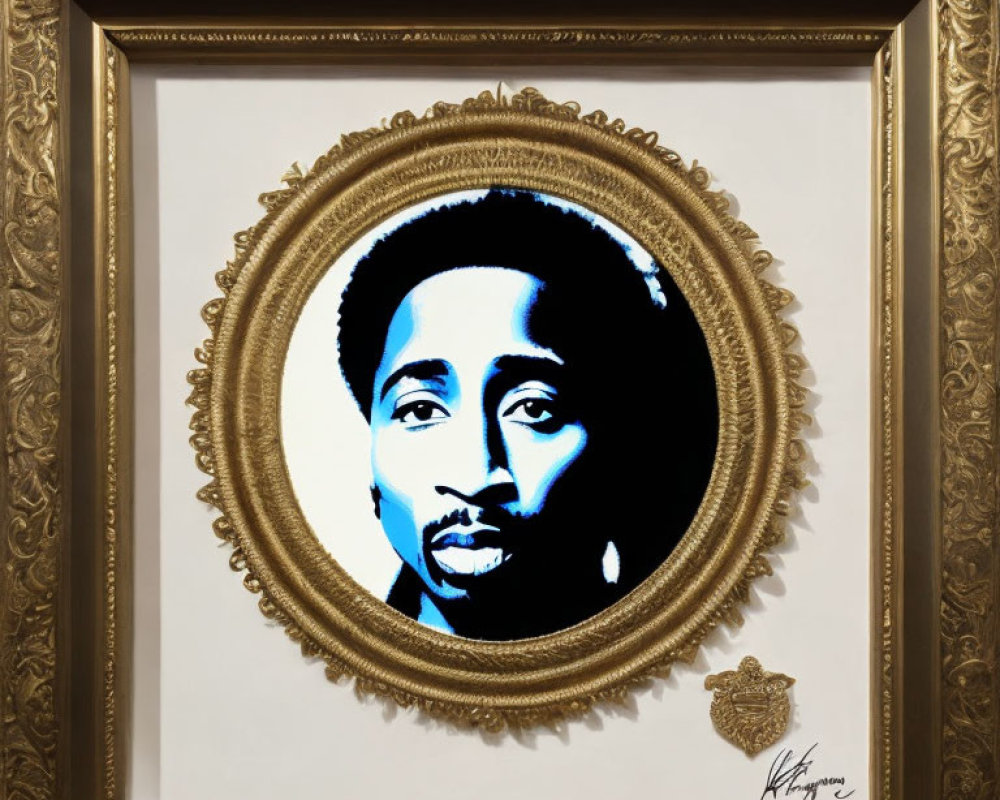 Black and white portrait in ornate gold frame within square frame