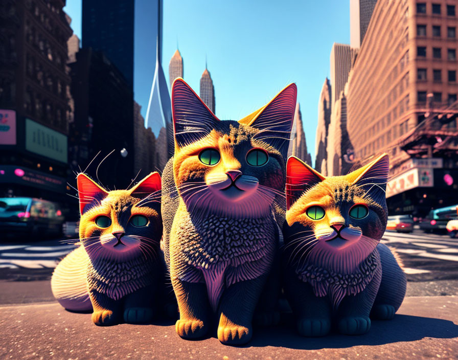 Stylized oversized cats in urban street with skyscrapers under clear blue sky