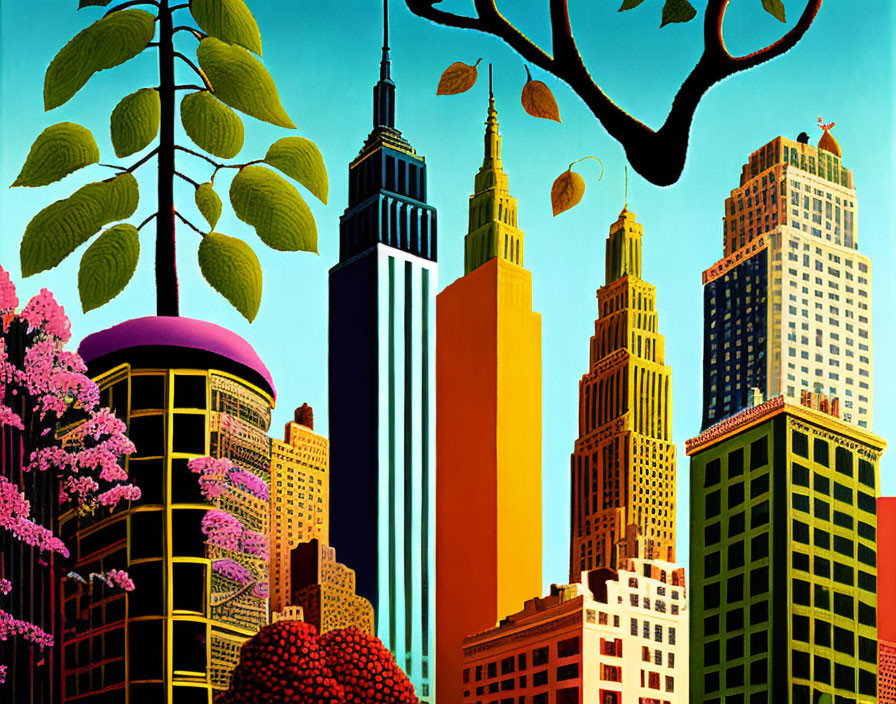 Colorful Stylized Cityscape with Exaggerated Skyscrapers and Nature Elements