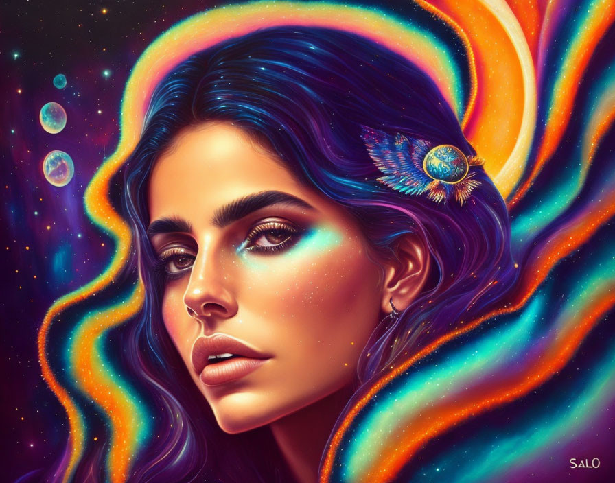 Colorful digital art portrait of woman with blue hair in cosmic setting with planets, stars, and feather