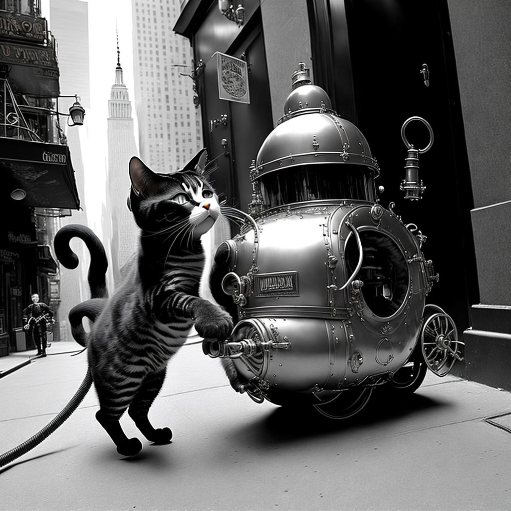 Black and white cat pulling steampunk metal capsule on city street