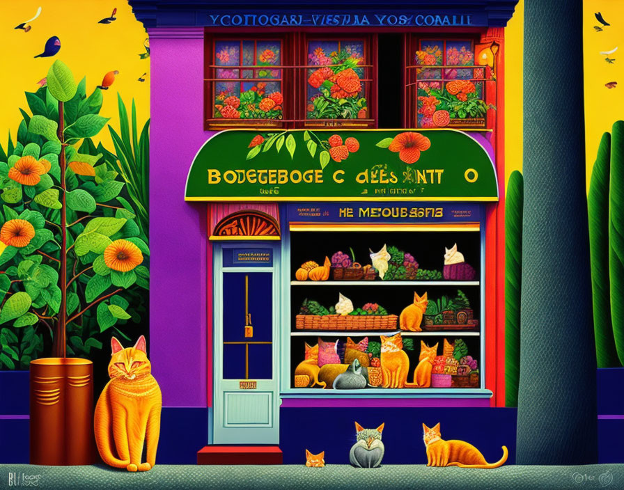 Colorful Street Scene with Cats, Plants, and Phone Booth