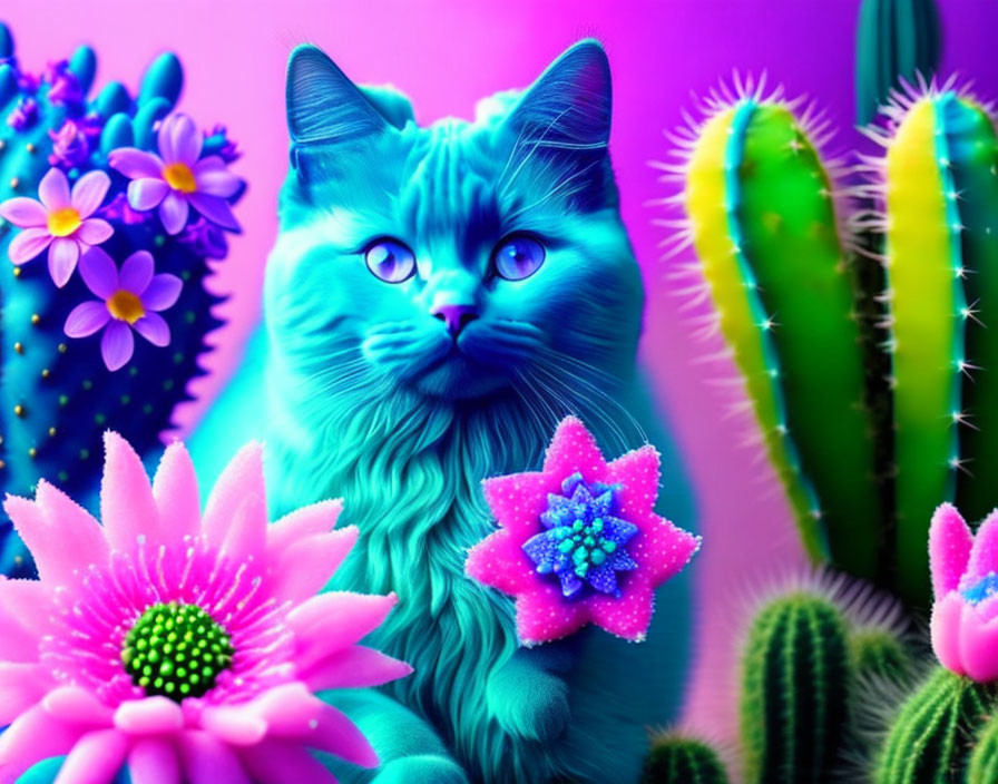 Colorful Digital Art: Neon Blue Cat Among Cacti and Flowers