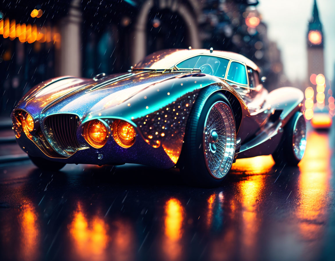 Vintage Metallic Blue Classic Car in Rainy City Night Scene