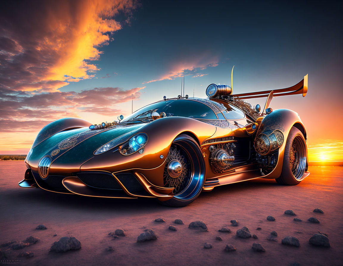 Futuristic black and gold car in desert sunset landscape