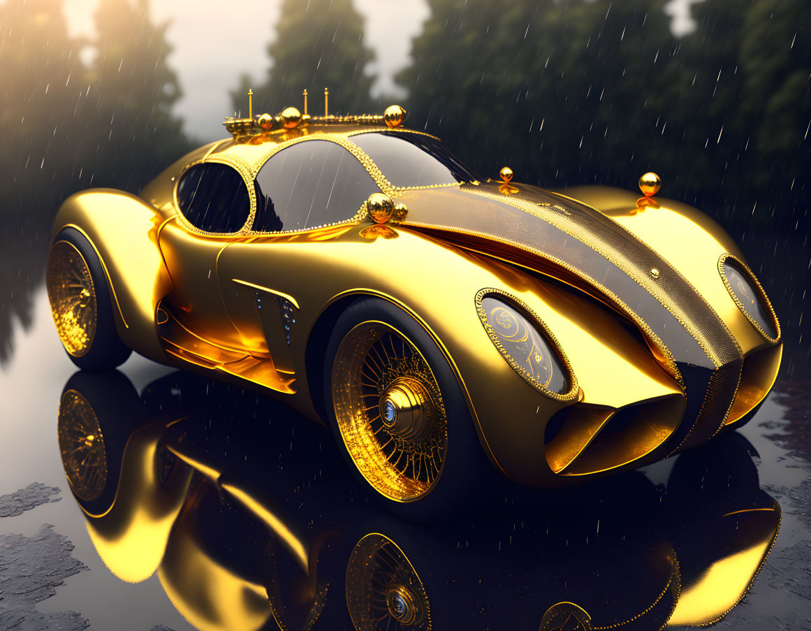 Luxurious Golden Car with Intricate Designs in Light Rain