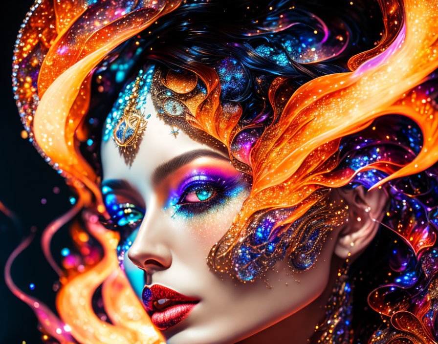 Colorful digital artwork: Woman with fiery orange and blue hair, sparkling makeup, ornate face jewelry