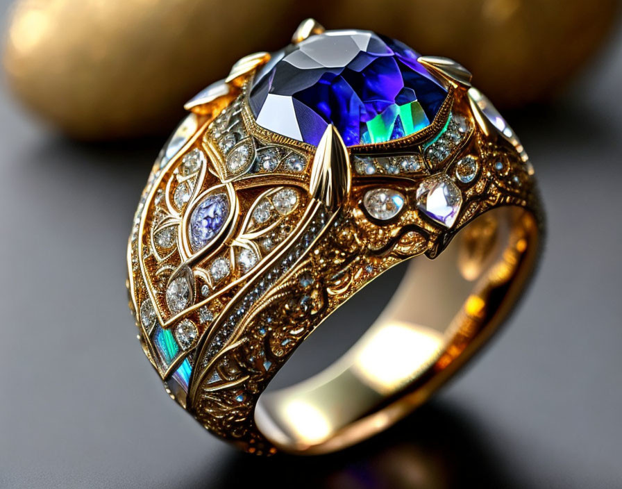 Golden ring with blue gemstone & diamonds on dark background