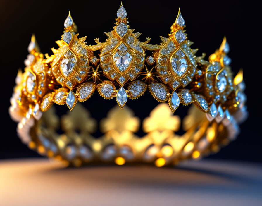 Intricate Golden Tiara with Diamonds and Gemstones on Dark Background