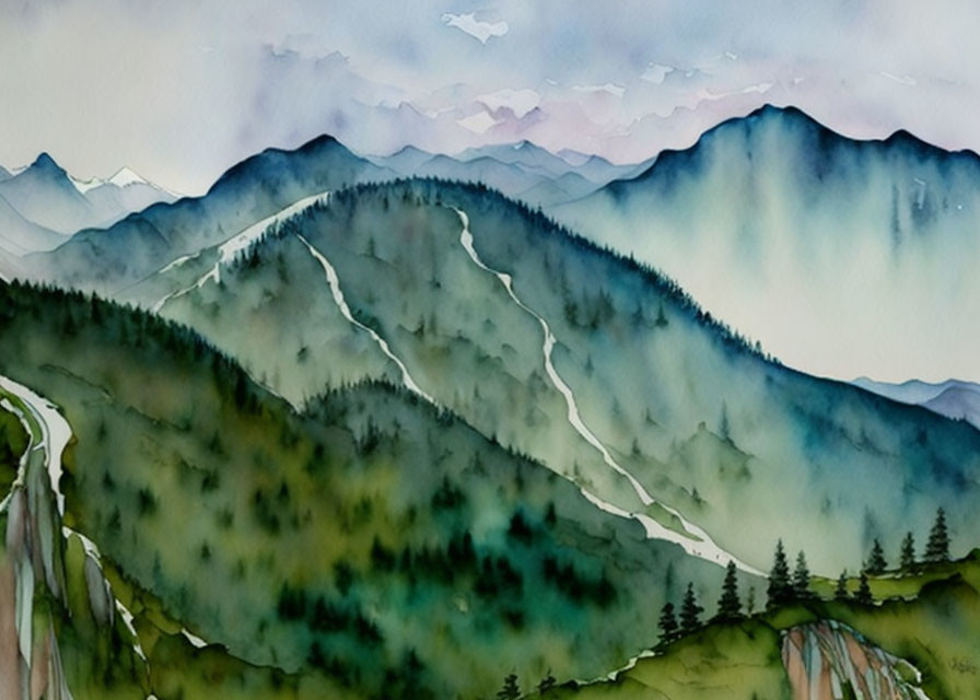 mountainous landscape, watercolor, fresh, mood