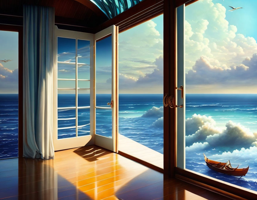 looking out the window at the sea.