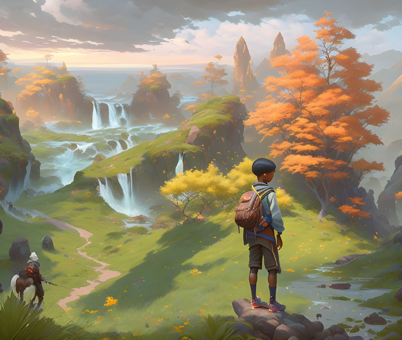 Traveler admiring majestic landscape with waterfalls, autumn trees, rider, and rocky peaks.