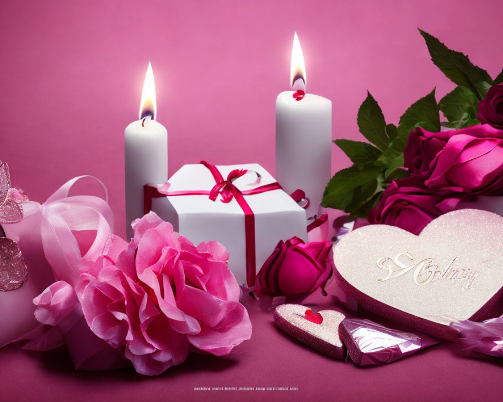 White candles, gift box, flowers, roses, and heart decorations on pink background