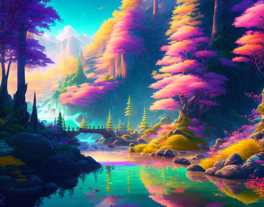Colorful fantasy landscape with pink and purple foliage, serene river, mountains, and glowing sky