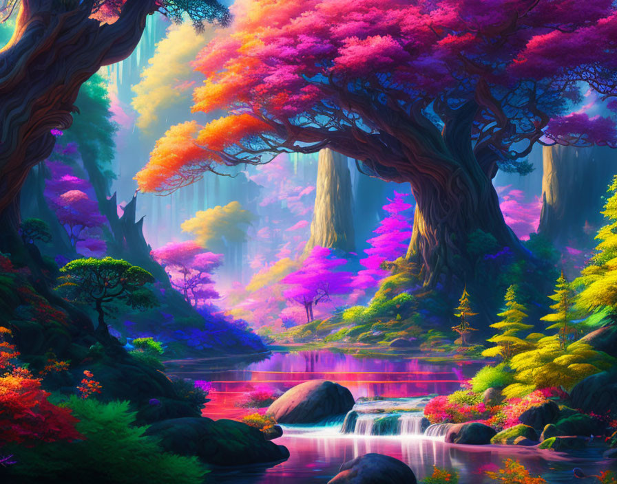 Colorful Fantasy Forest with Waterfall and Misty Atmosphere