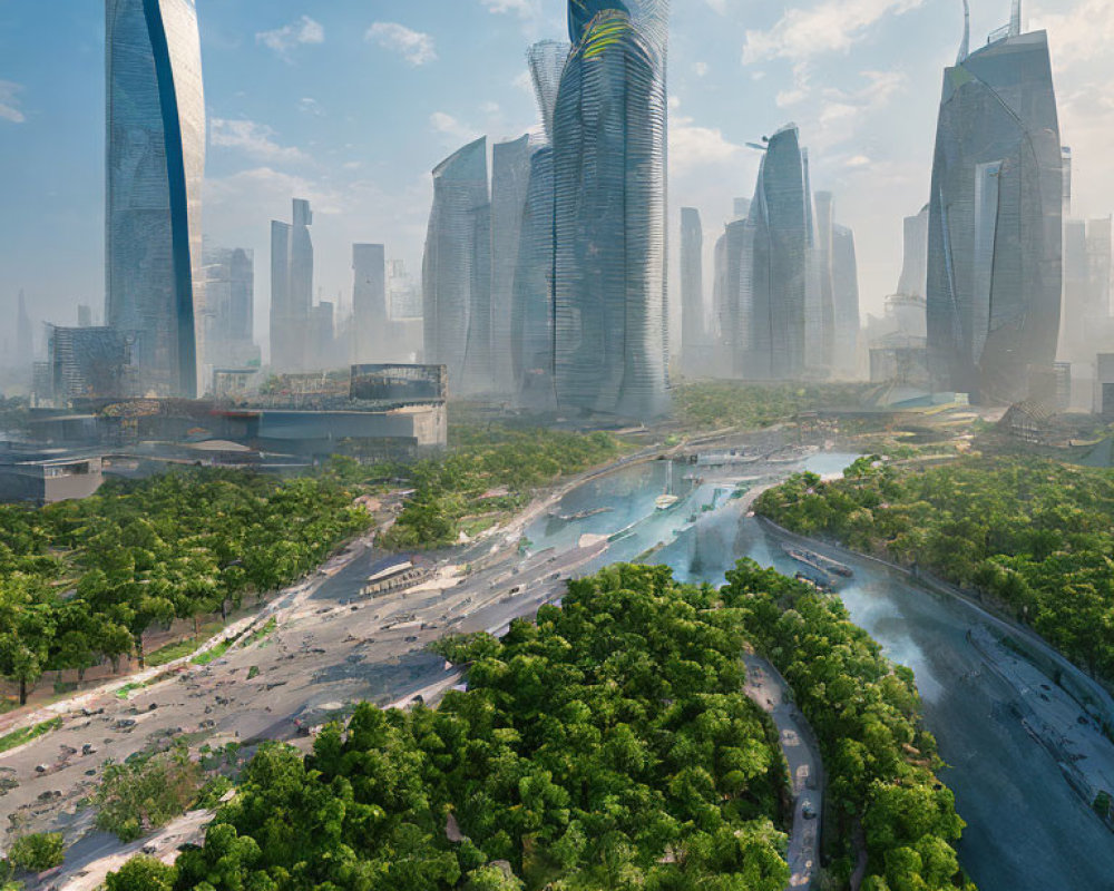 Futuristic cityscape with greenery, river, and skyscrapers