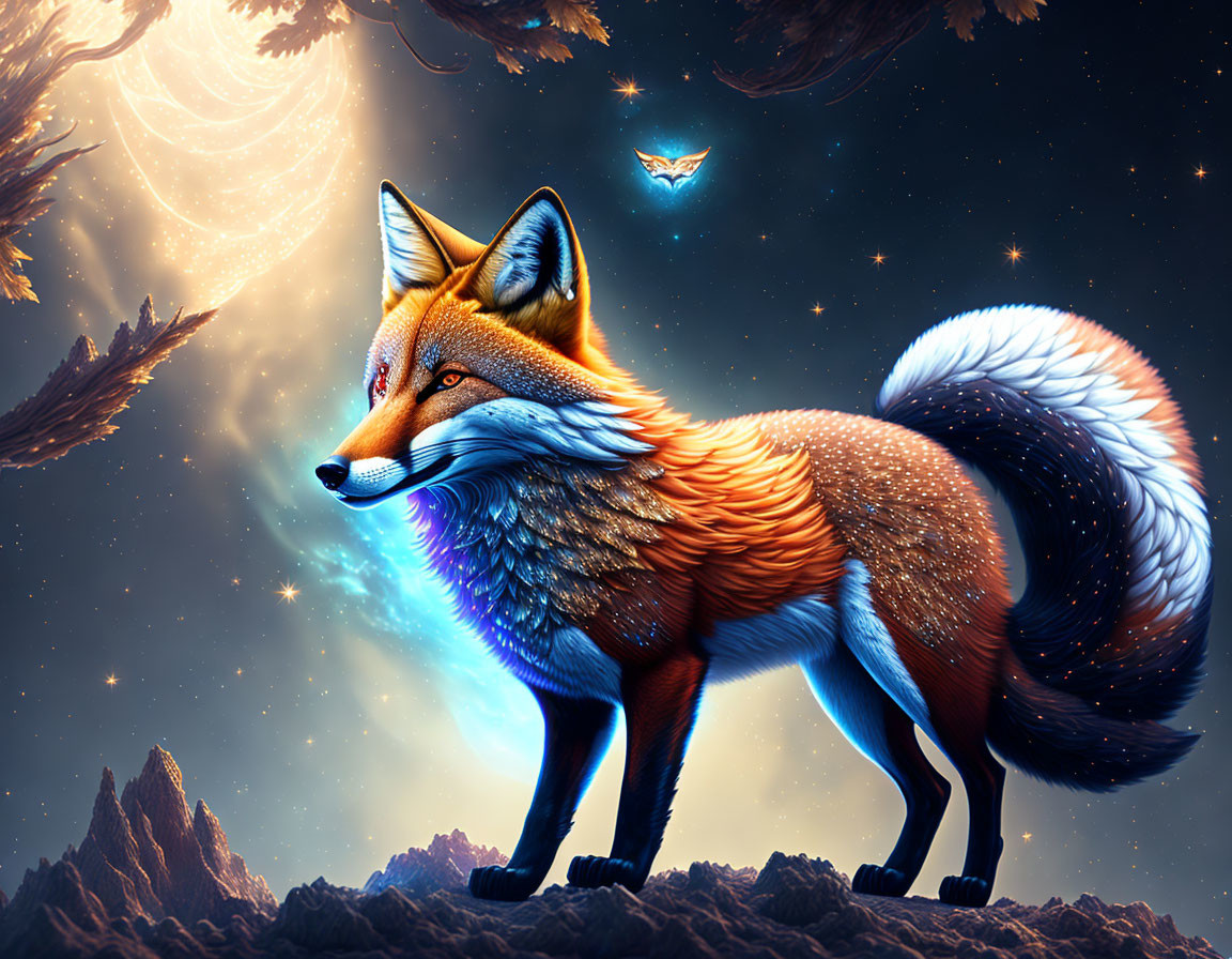 Mystical fox under starry sky with crescent moon and luminous butterfly