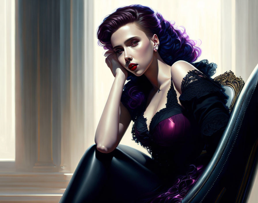Purple-haired woman with red lipstick in black and purple outfit by window, evoking contemplation.