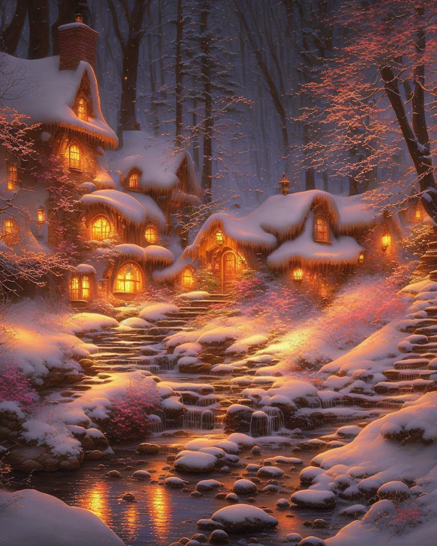 Winter Forest Cottage: Snowy Scene with Glowing Lights