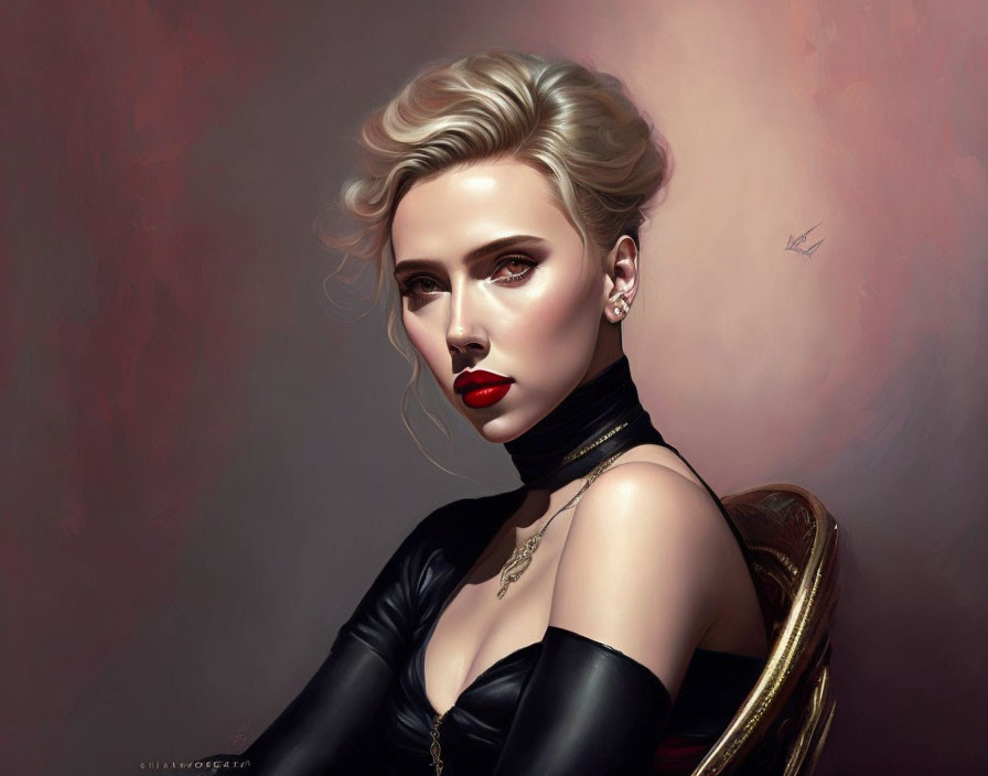 Blond woman in black outfit and gloves with red lipstick