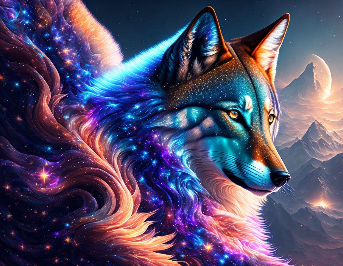 Cosmic wolf with starry mane in mountain landscape