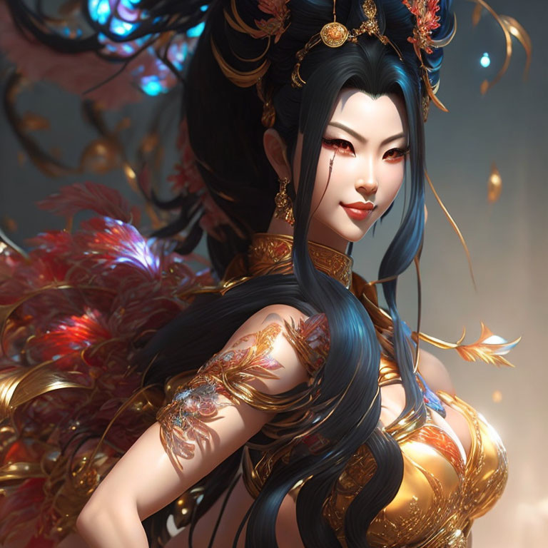 Illustrated female character in golden armor with long black hair and intricate tattoos
