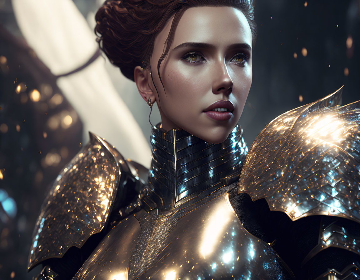 Detailed Digital Portrait of Woman in Dark Hair and Metal Armor