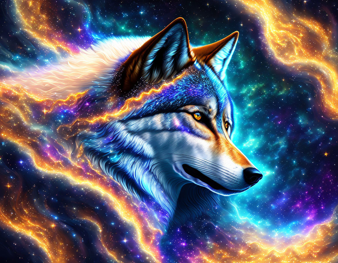 Colorful Wolf Head Profile in Cosmic Nebula Background