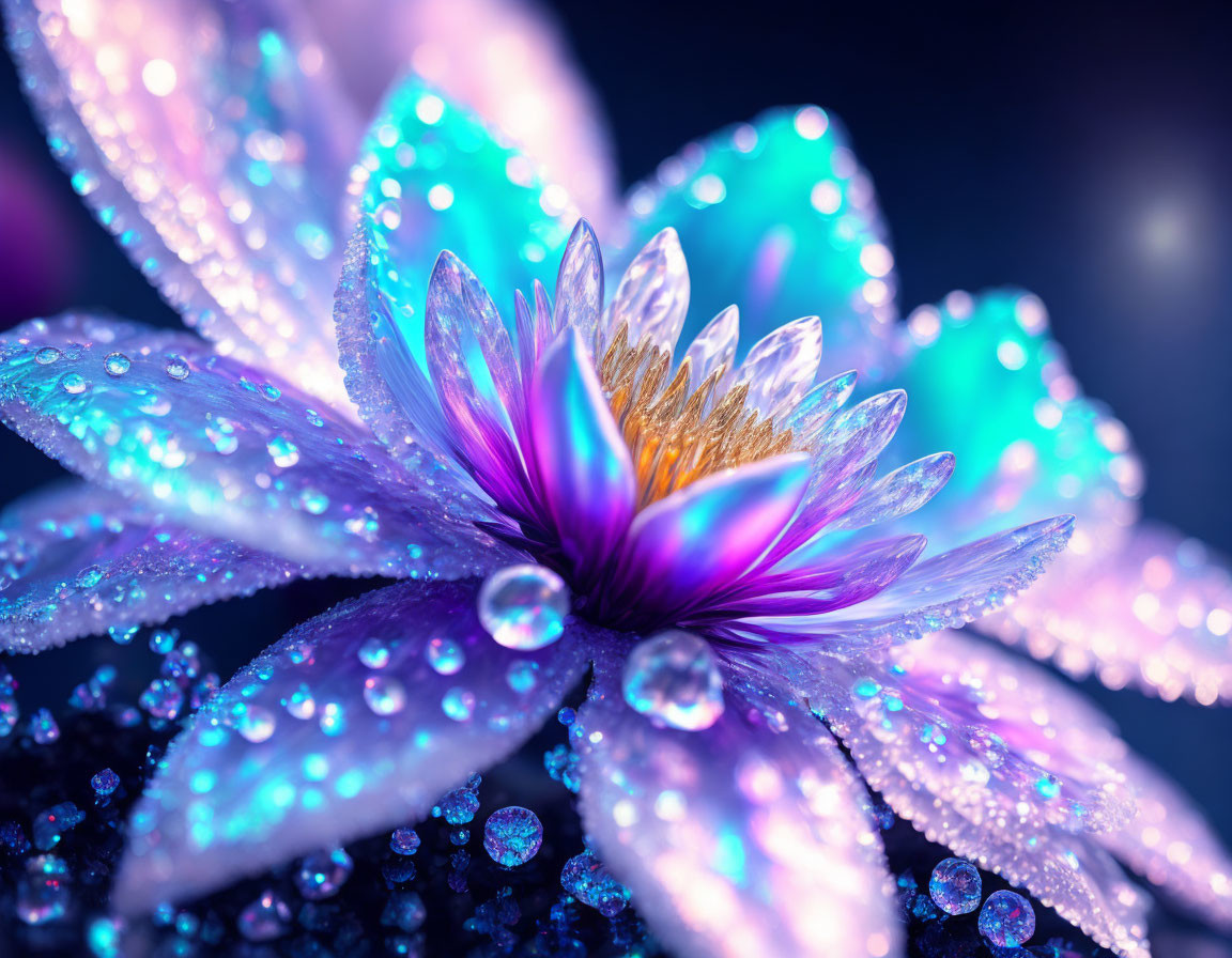 Iridescent flower with dewdrops on blurred blue background